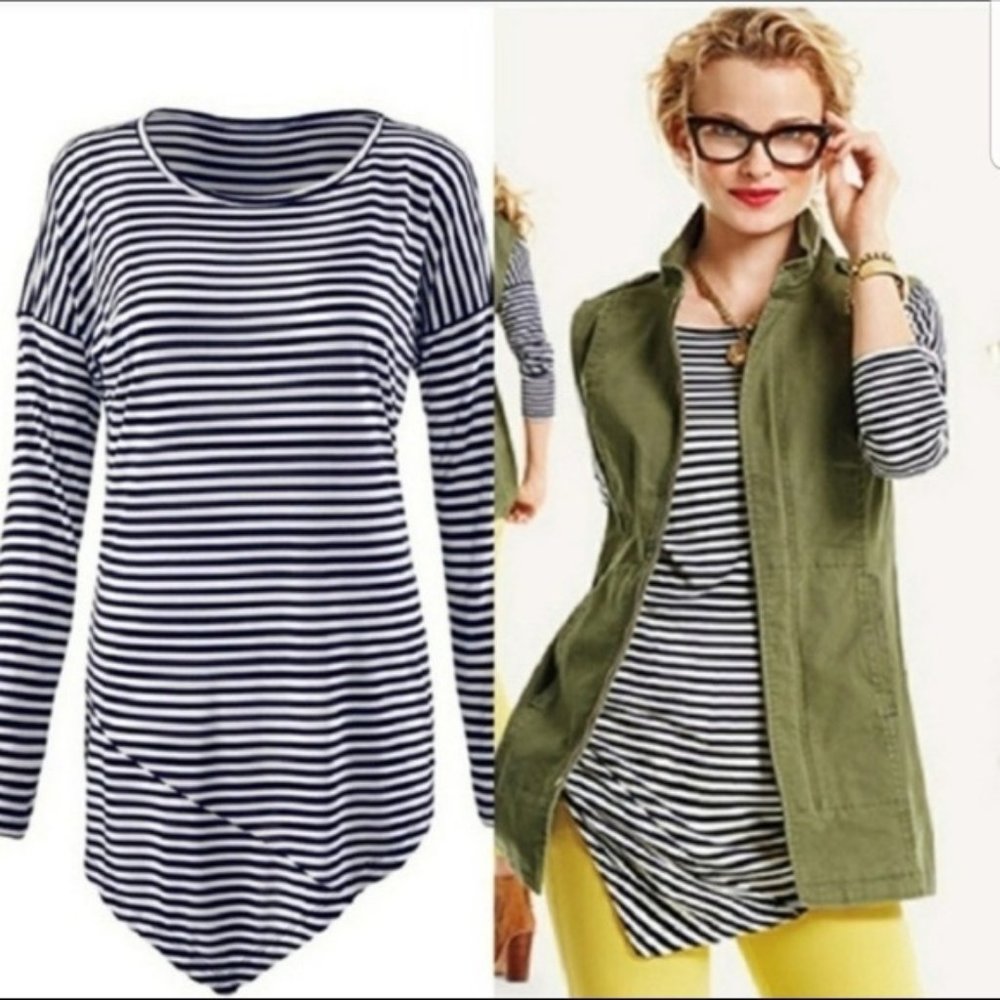 CAbi #5064 Boat Stripe Tee Navy/White Sz L